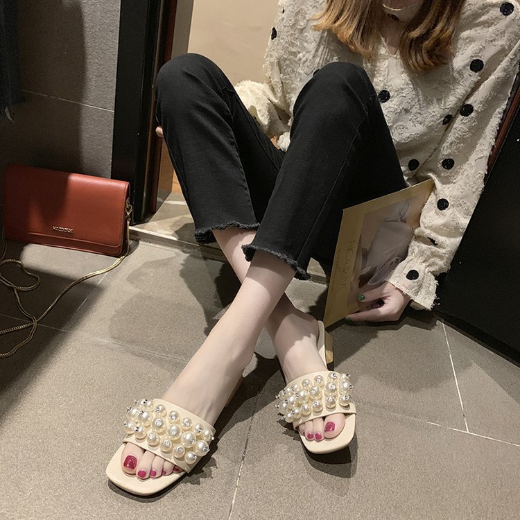 Beaded Rhinestone Sandals With Thick Heel Pearl Women's Shoes