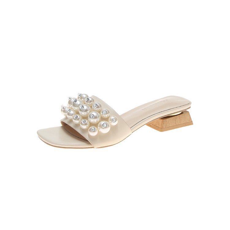 Beaded Rhinestone Sandals With Thick Heel Pearl Women's Shoes