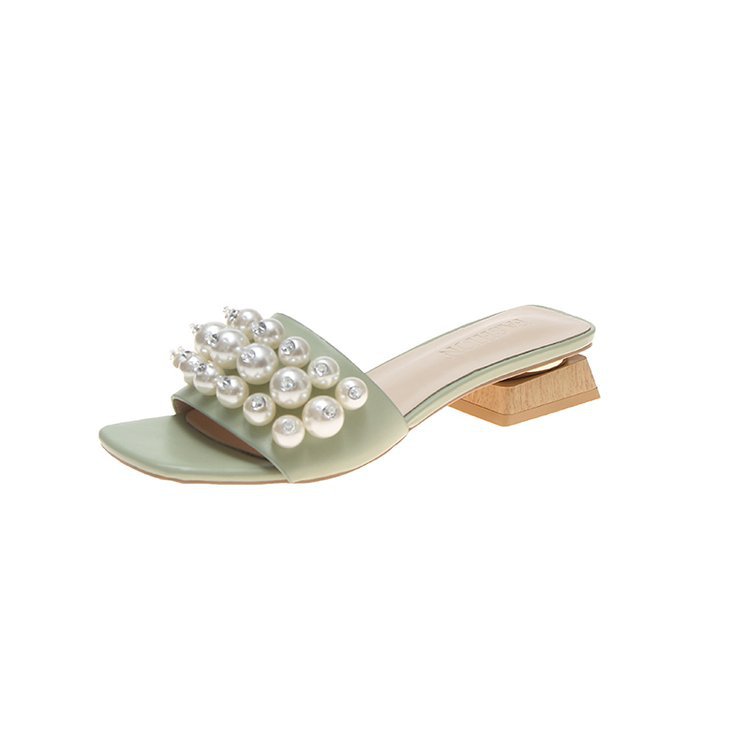 Beaded Rhinestone Sandals With Thick Heel Pearl Women's Shoes
