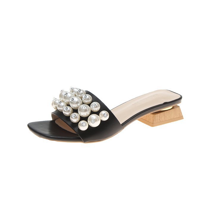 Beaded Rhinestone Sandals With Thick Heel Pearl Women's Shoes