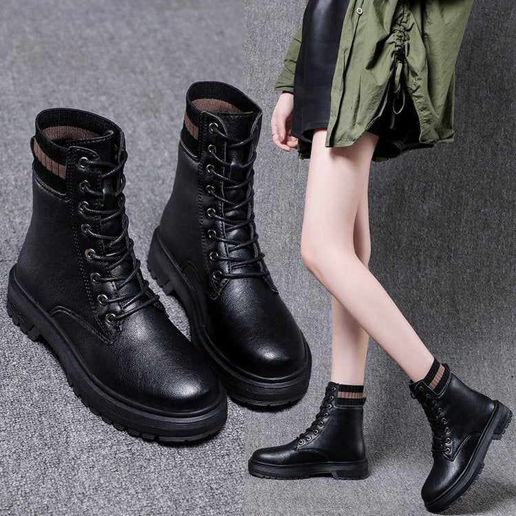Fashion Martin Boots Mid-heel Increase Sock Boots Lace-up Short Boots