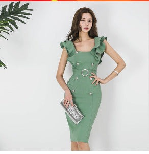 Mid-Length Double-Breasted Dress With Belt Ruffled Hip Bottoming Skirt