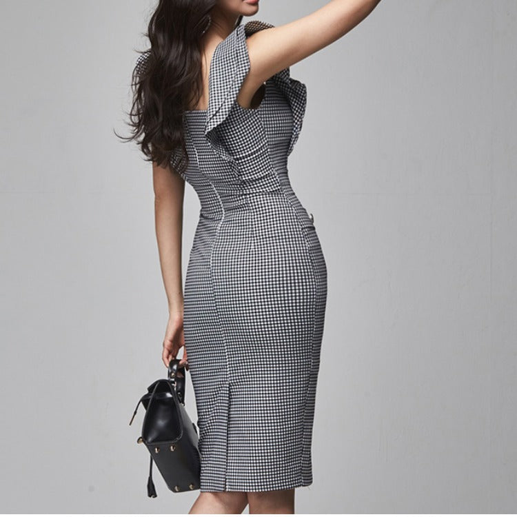 New Ladies Fashion Houndstooth Dress With Waist And Hip Slits