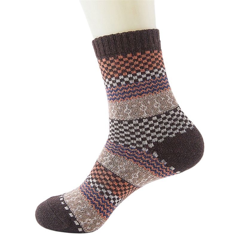 5 Pairs, Men's Warm Ethnic Wool Socks, Plaid, Geometric StripesAnd Ribbed Long Knit