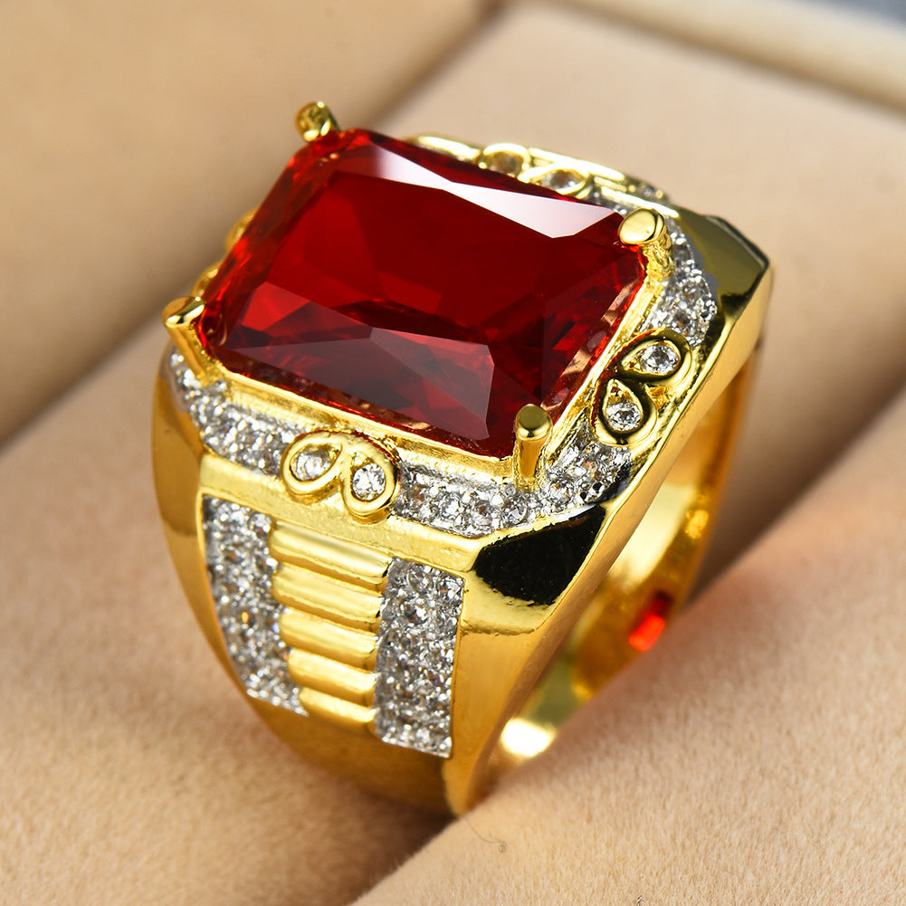 Copper Gilded Red Rectangular Large Zircon Ring Jewelry