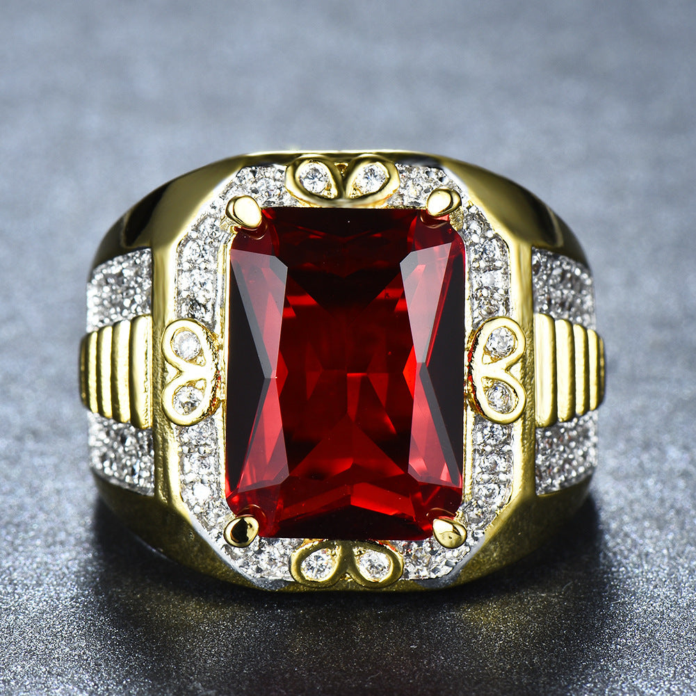 Copper Gilded Red Rectangular Large Zircon Ring Jewelry