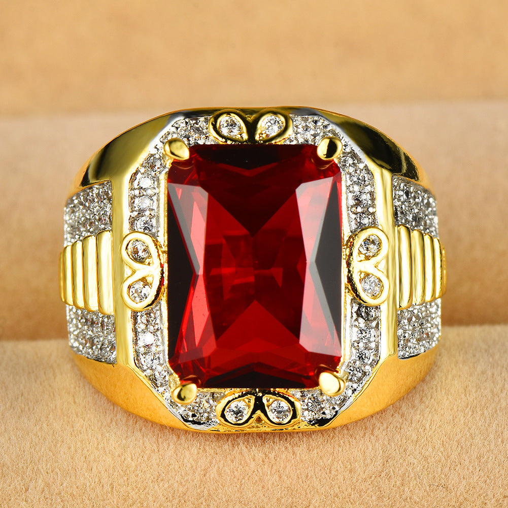 Copper Gilded Red Rectangular Large Zircon Ring Jewelry
