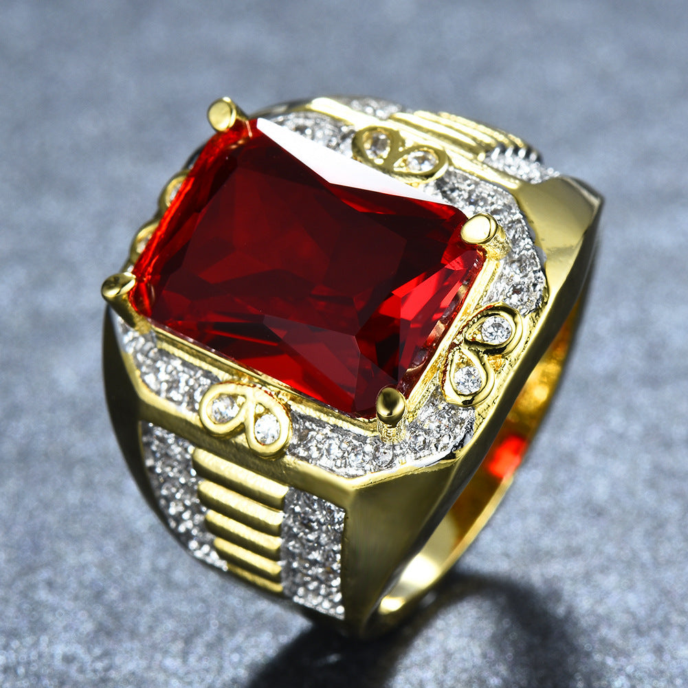 Copper Gilded Red Rectangular Large Zircon Ring Jewelry