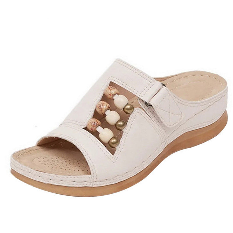 Large Size Round Head Beaded Women's Casual Platform Wedge Slippers
