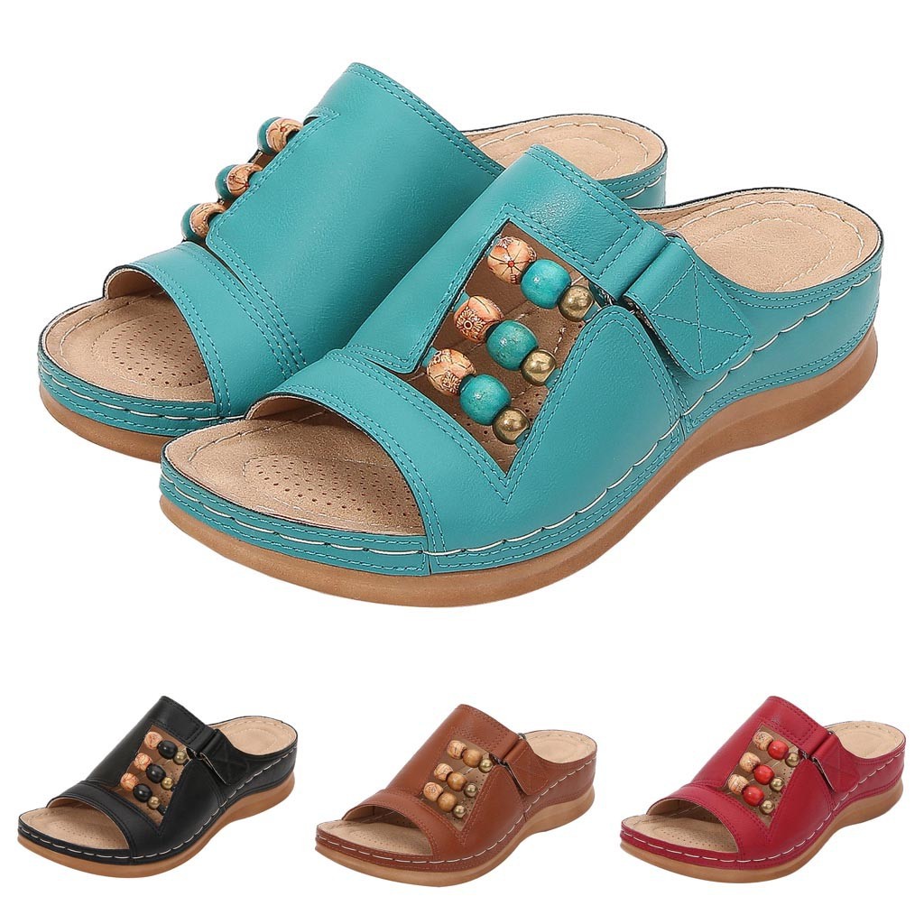 Large Size Round Head Beaded Women's Casual Platform Wedge Slippers