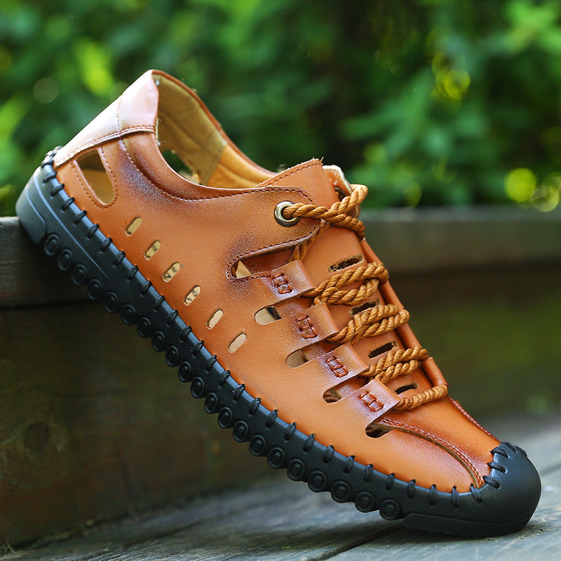 Leather Sandals Men's New Casual Non Slip Soft Sole Lightweight Hollow Shoes