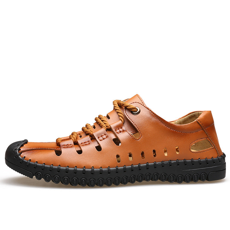 Leather Sandals Men's New Casual Non Slip Soft Sole Lightweight Hollow Shoes