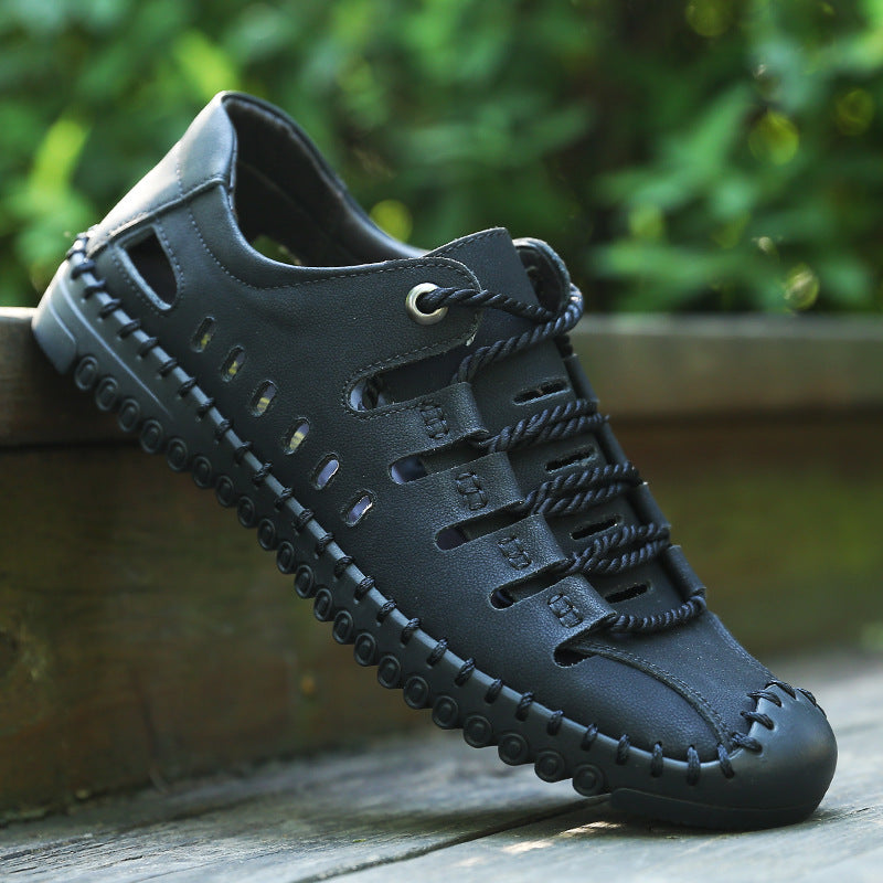 Leather Sandals Men's New Casual Non Slip Soft Sole Lightweight Hollow Shoes