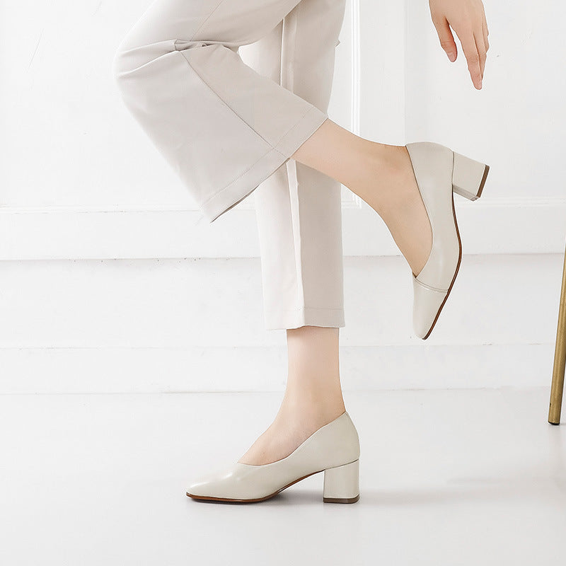 Square Toe Mid-Heel Shallow Mouth Leather