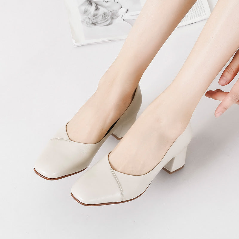 Square Toe Mid-Heel Shallow Mouth Leather