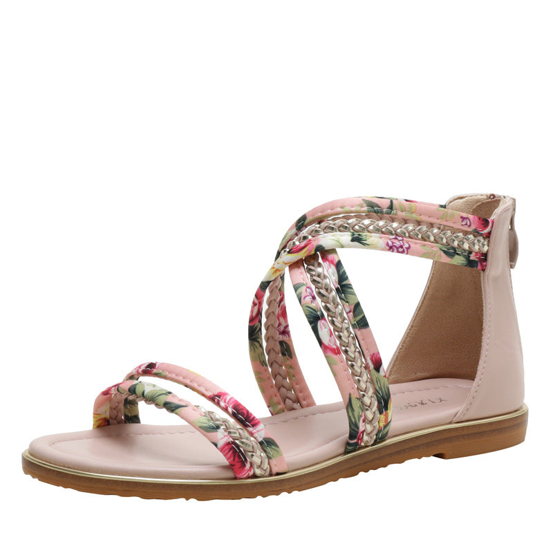 Non-slip Roman Shoes With Open-toed Floral Cloth