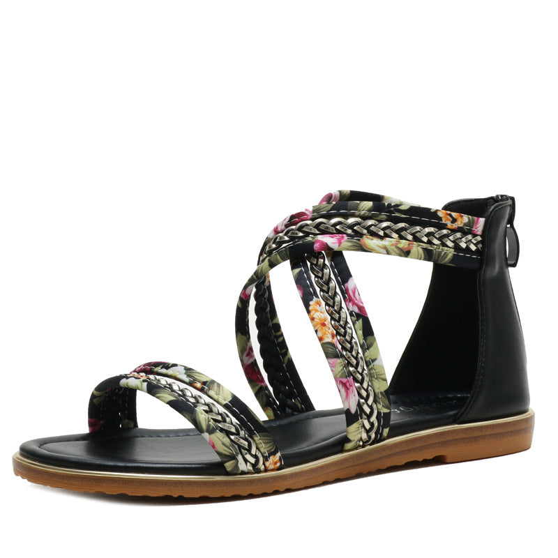 Non-slip Roman Shoes With Open-toed Floral Cloth