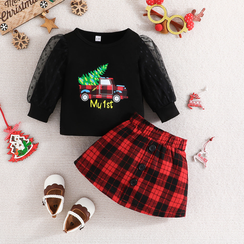 Infant Toddler Long-sleeved Pullover Skirt Two-piece Girl's Cute Love Top Tartan Skirt Suit