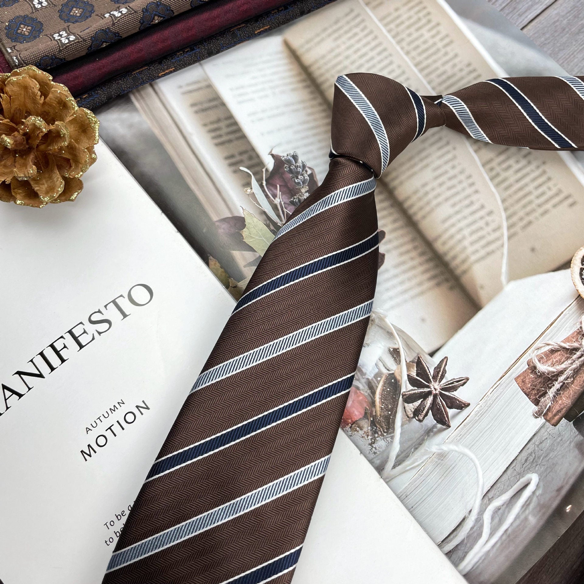 Retro Coffee Color Orange Red Striped Tie Hand Hit 8CM