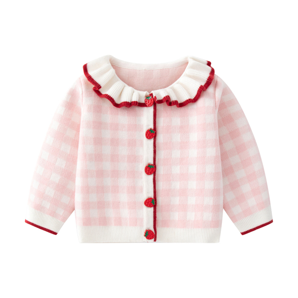 Autumn New 1-3 Years Old Baby Girl  Plaid Cotton Knitted Cardigan Beige Skirt Suit