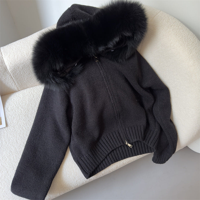 Leisure Hooded Real Fox Fur Collar Sweater Outer Fur Coat
