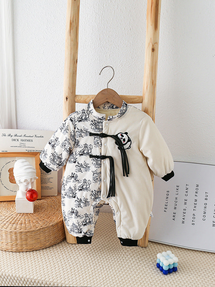Baby Autumn And Winter Onesie Newborn Chinese Wind Panda Go Out Clothes Plus Velvet Thickened Romper