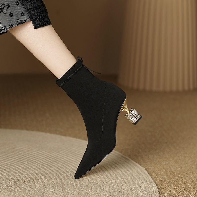 Pointed Toe Mid-calf High-heeled Skinny Boots
