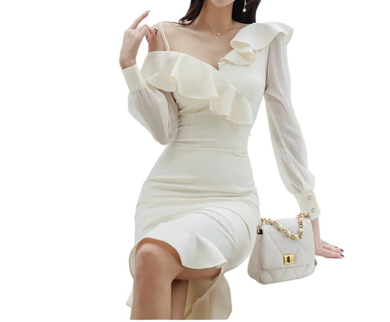 Ruffled Asymmetric Hip-wrapped Dress