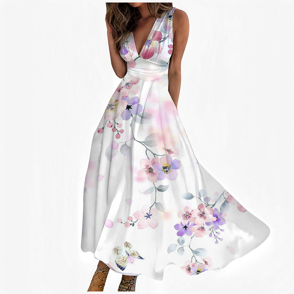 Digital Printing Women V-neck Sleeveless Maxi Dress