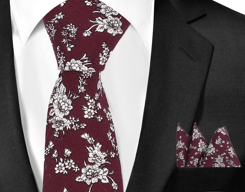 Casual Cotton Floral Print 6cm Casual Tie Pocket Square Suit
