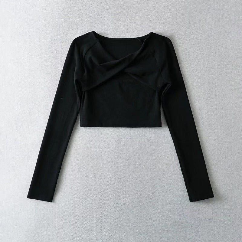 Long Sleeve Slim Fit Women's T-Shirt Cross Knotted Neckline
