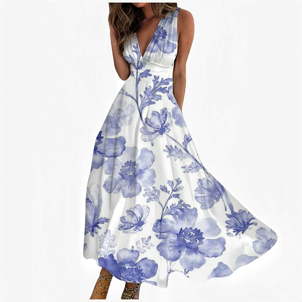 Digital Printing Women V-neck Sleeveless Maxi Dress