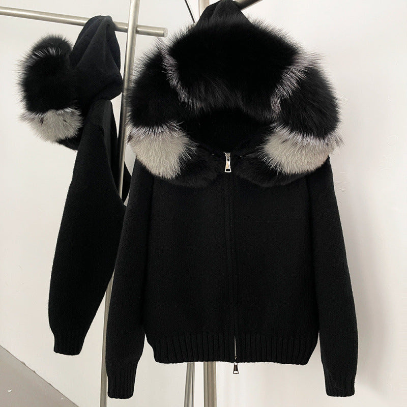 Zipper Real Fox Fur Collar Hooded coat