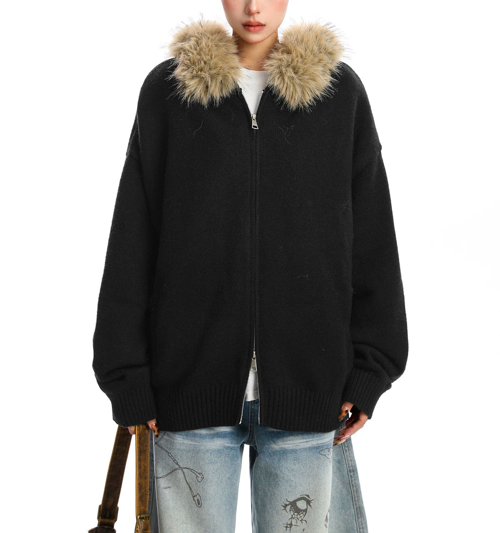 Detachable Fur Collar Hood Sweater Coat