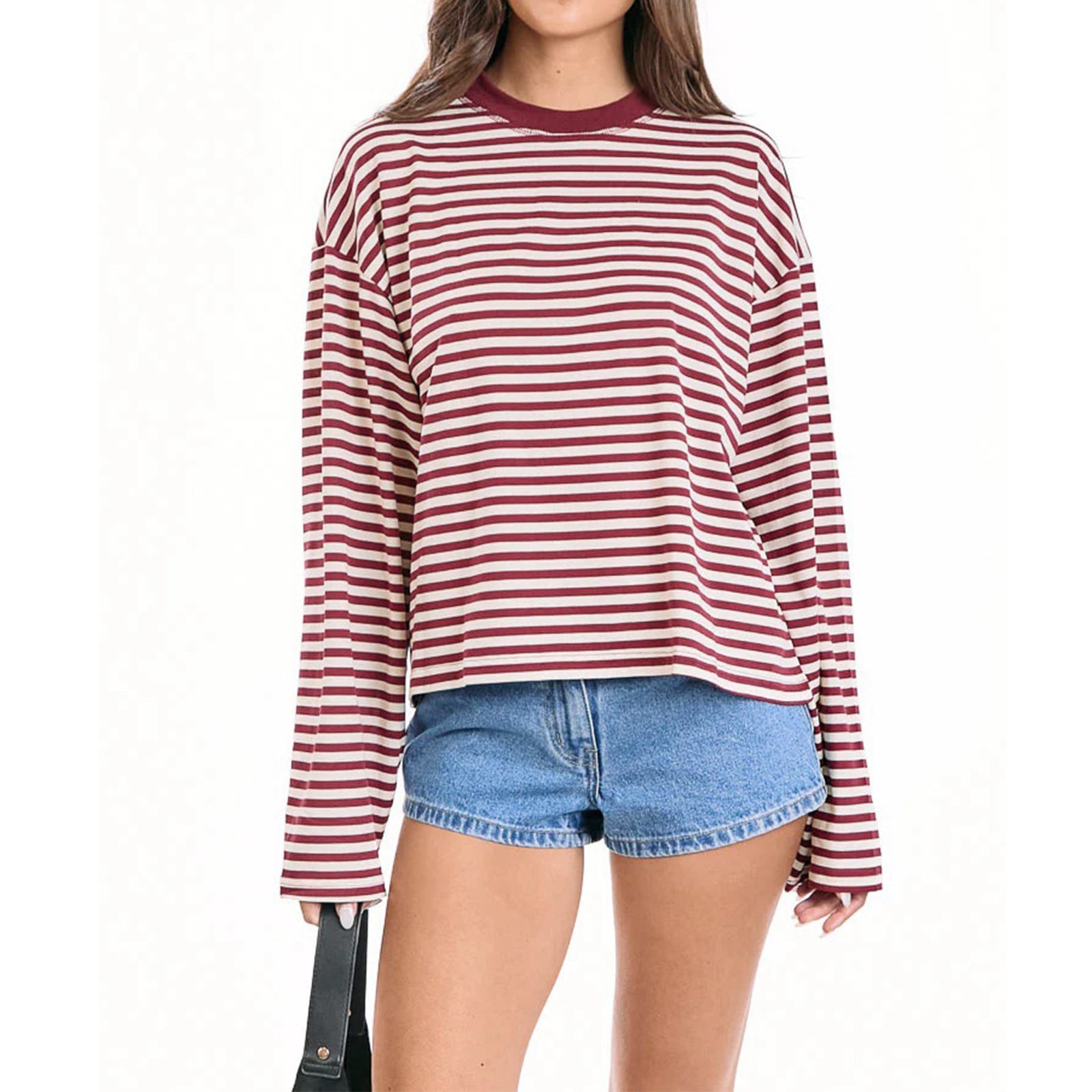 Round-neck Cotton Long-sleeve Striped T-shirt