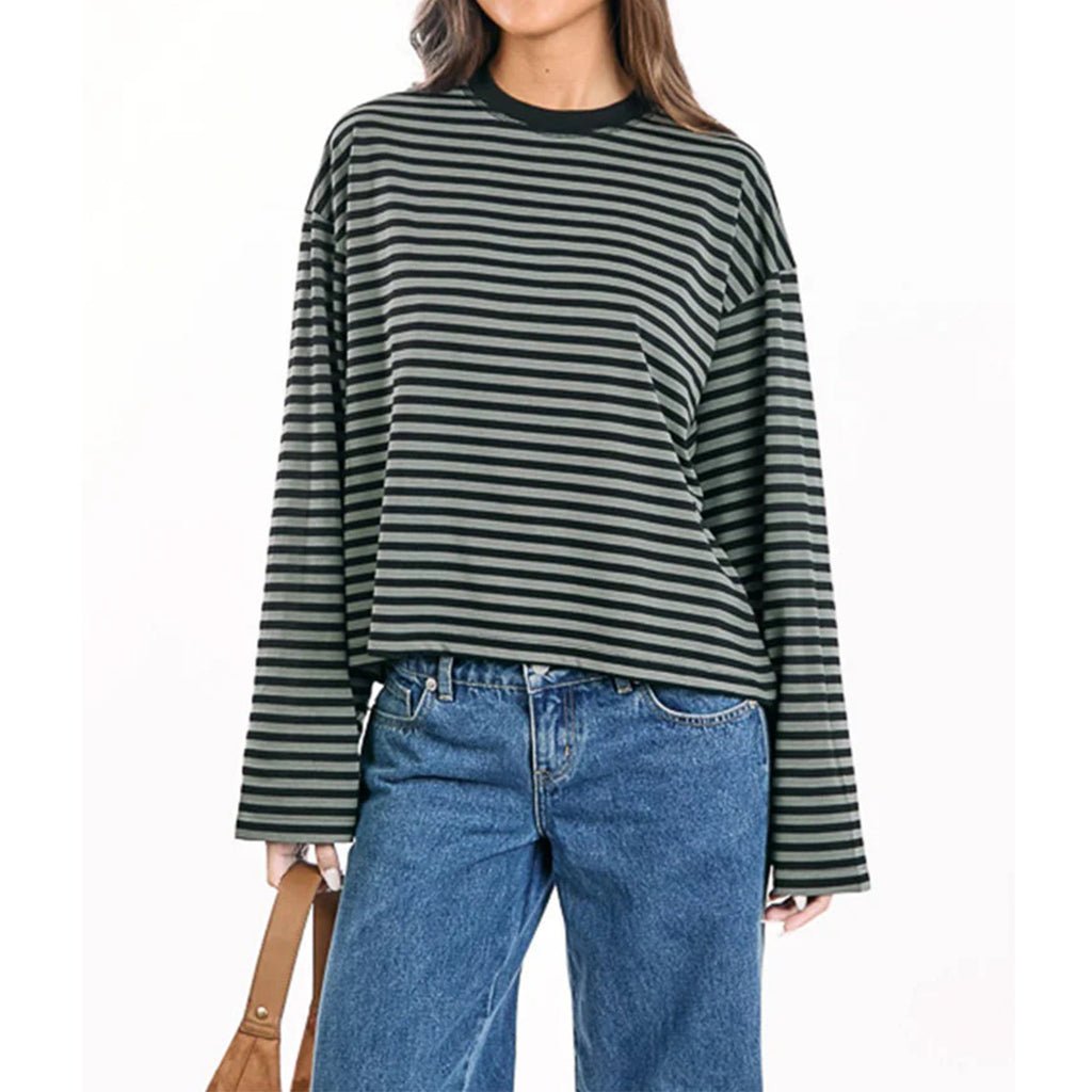 Round-neck Cotton Long-sleeve Striped T-shirt