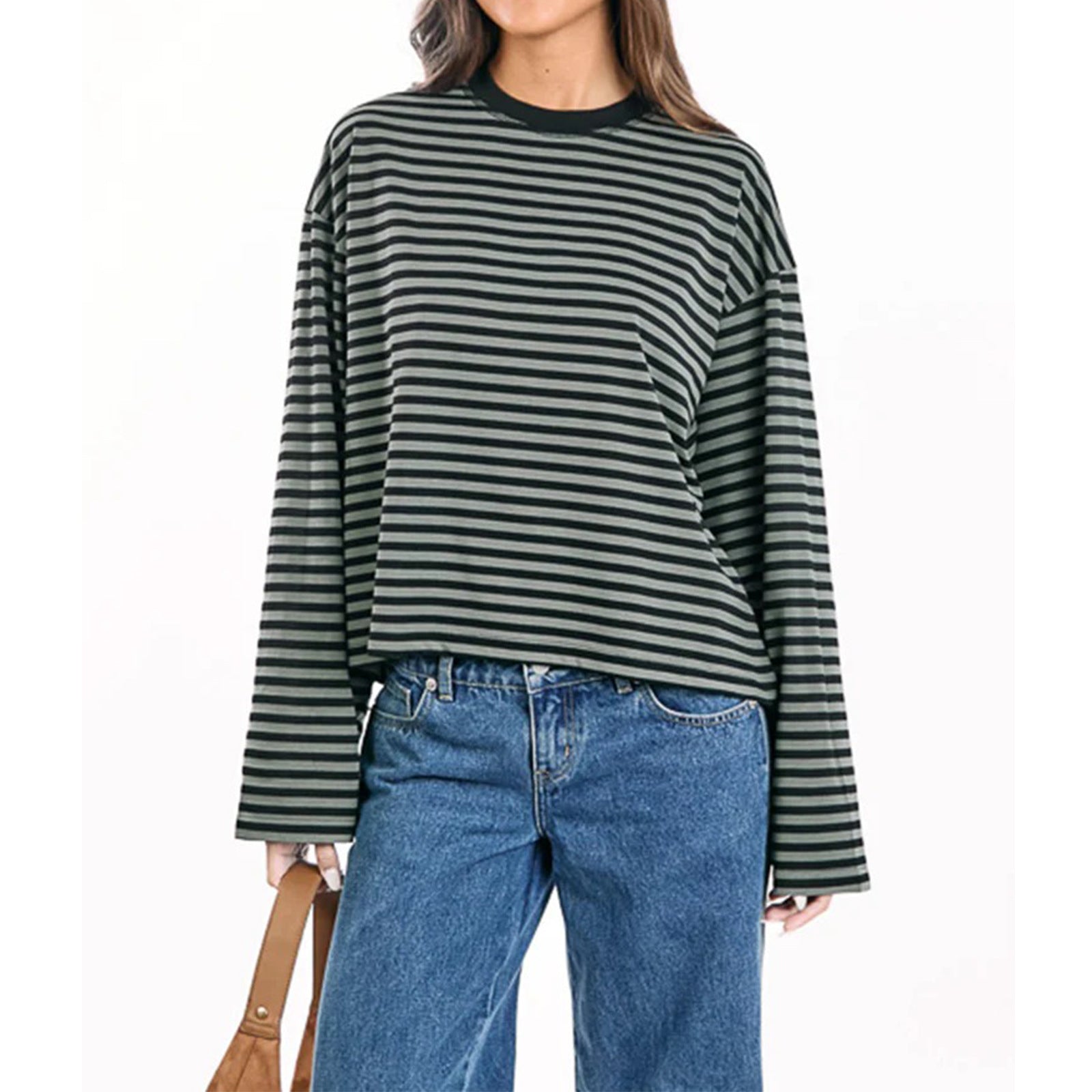 Round-neck Cotton Long-sleeve Striped T-shirt
