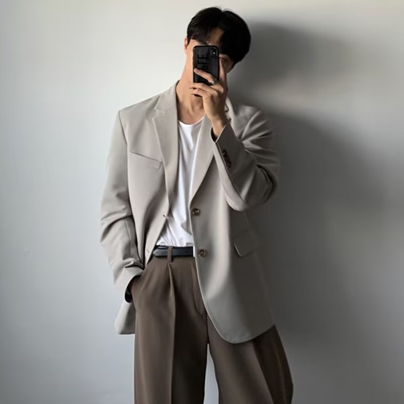 Men's Autumn Loose-Fit Black Single-Breasted Suit Jacket