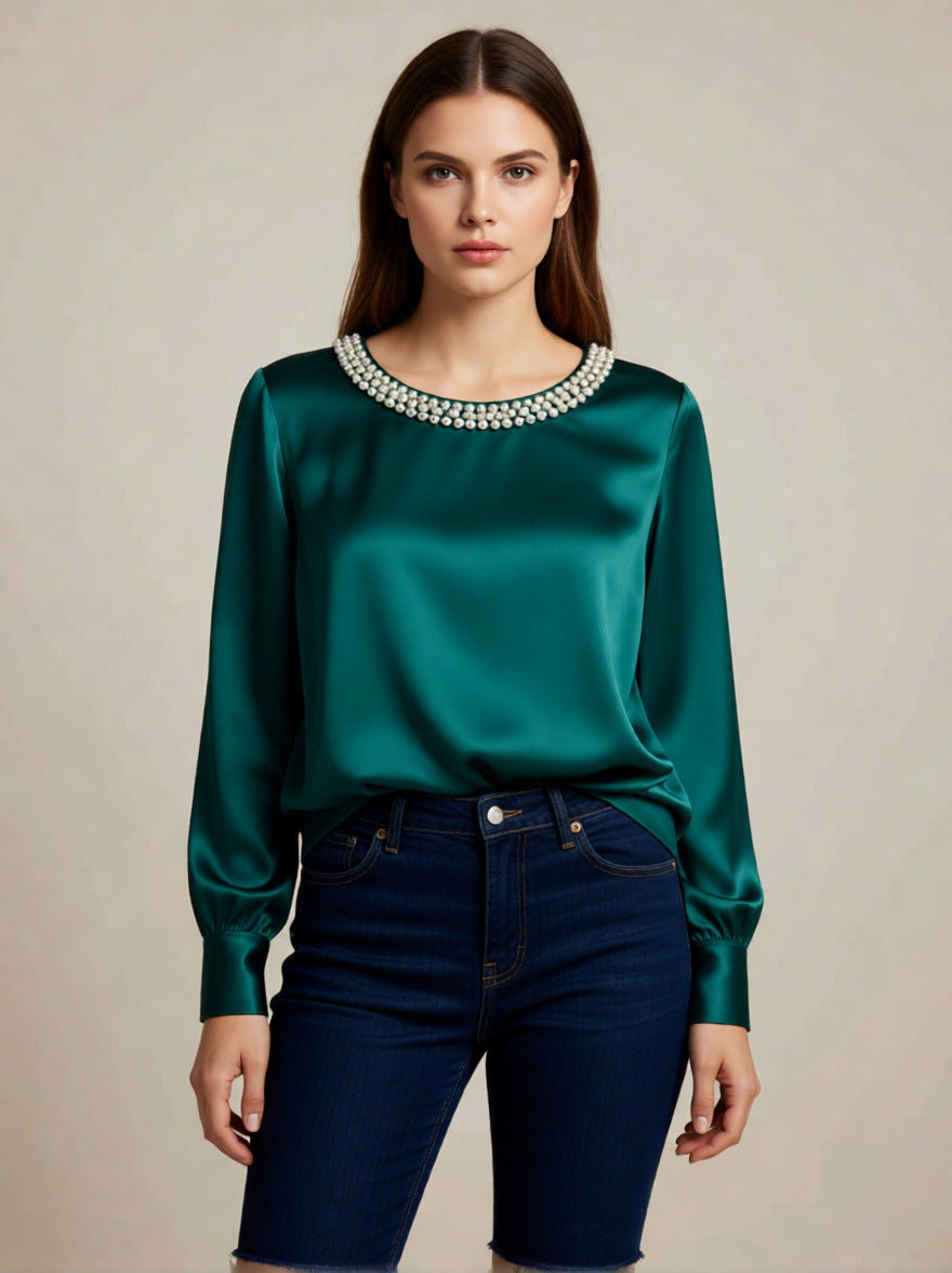 Womens French-style Sophisticated Pearl-collared Satin Blouse