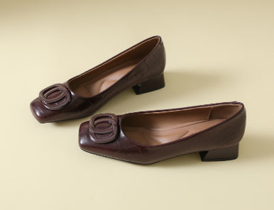 Womens Retro Square-Toe Leather Shoes Low-Heel Chunky-Heel Pumps