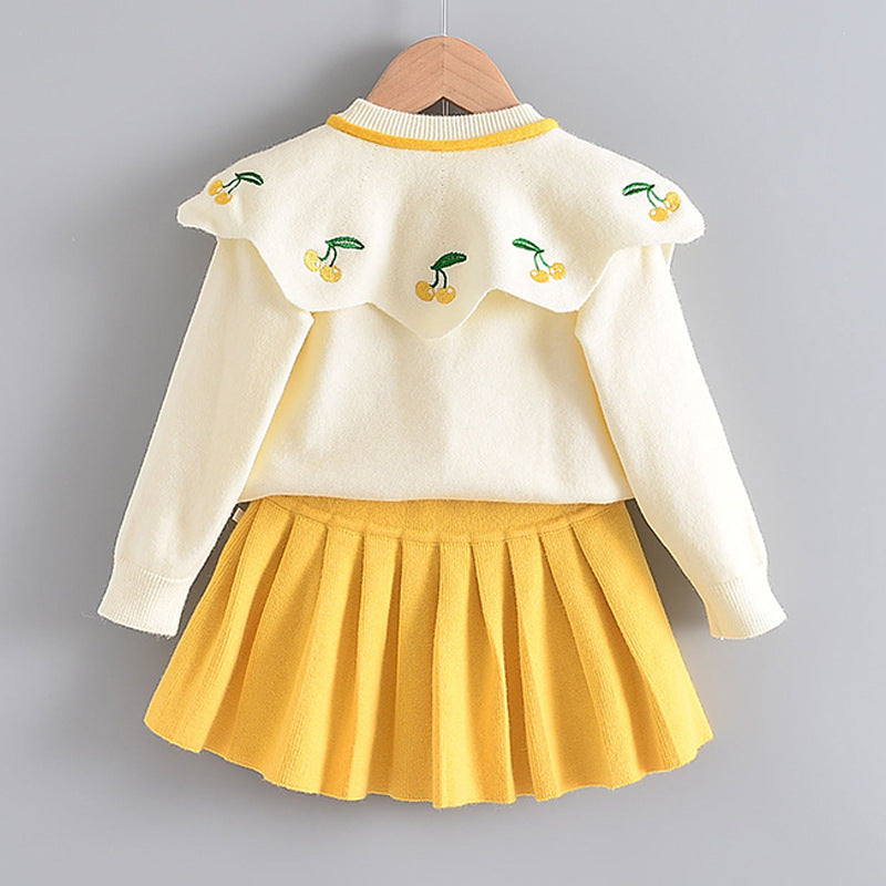 Western Style Knitted Two-piece Sweater Children Cute Long Sleeve Suit Skirt