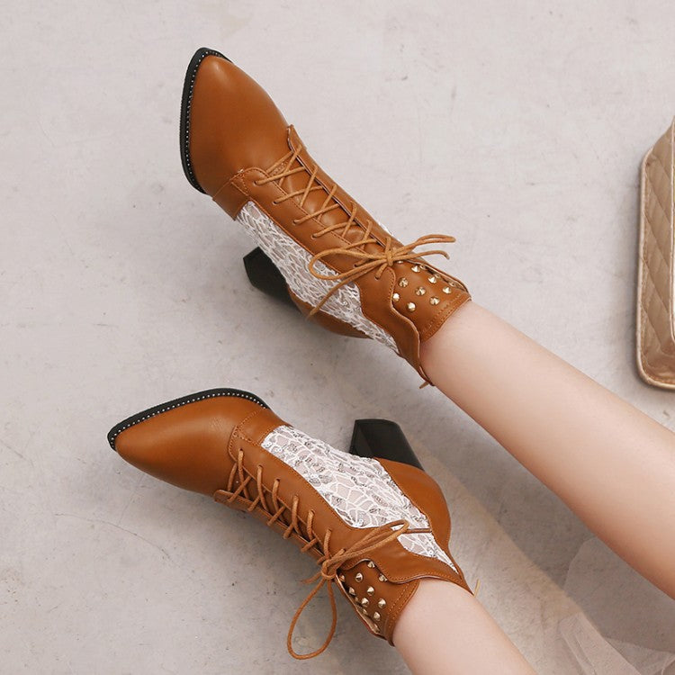Lace Hollow-out Spliced Heel  Ankle Boots