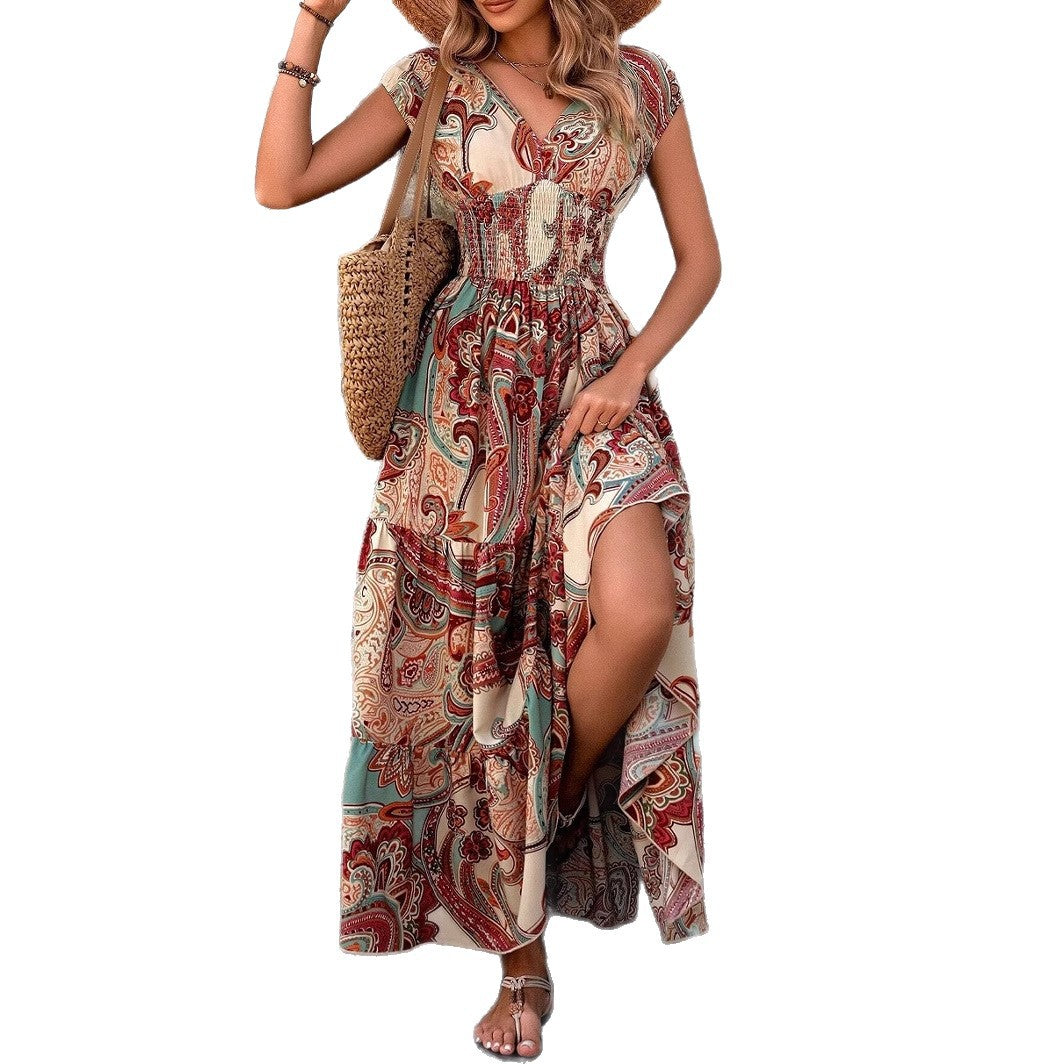 Resort-style Printed Dress For Women Summer V-neck Maxi