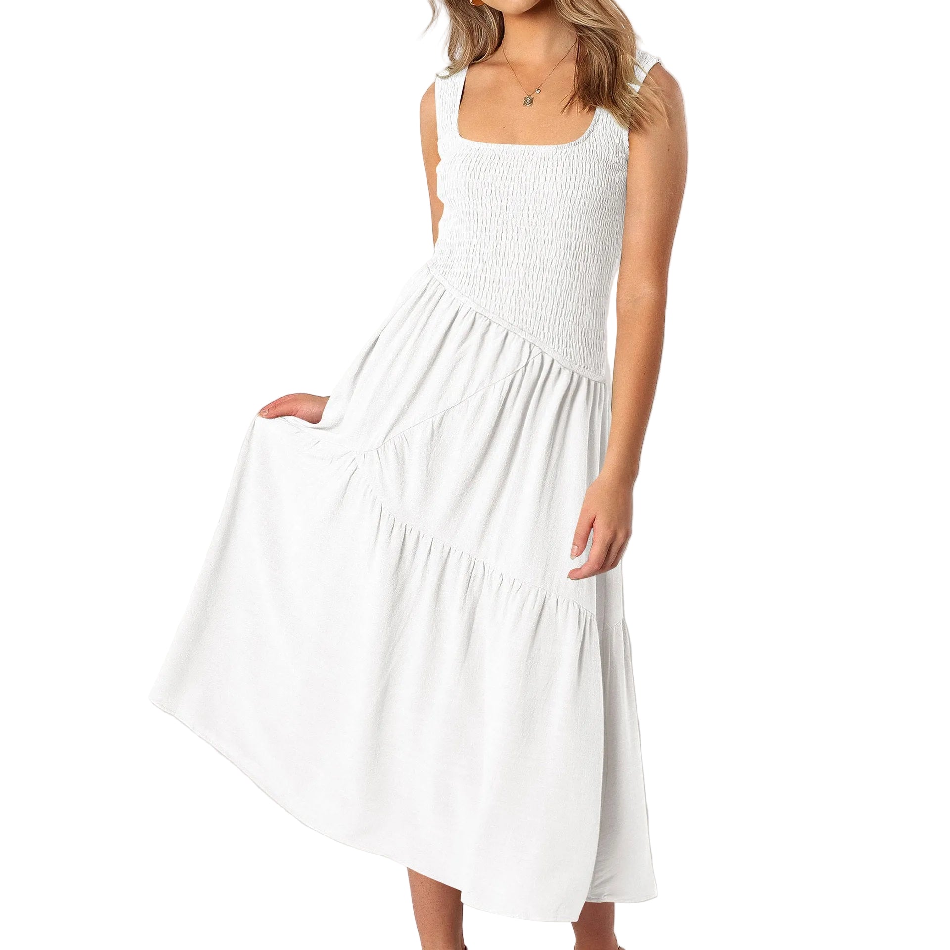 Embroidered Smocked Puff-Sleeve Maxi Dress Ivory