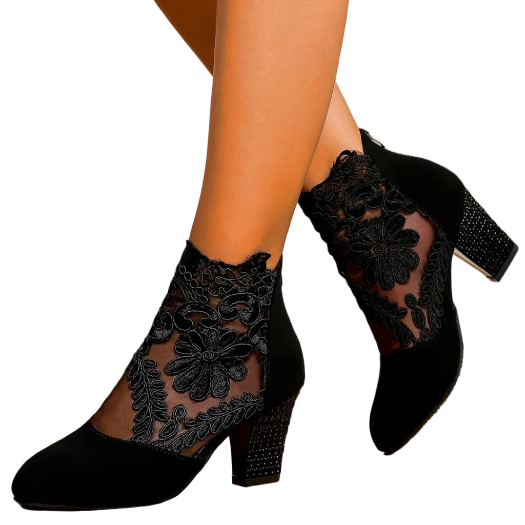 Black Lace Embroidered Mesh Ankle Boots