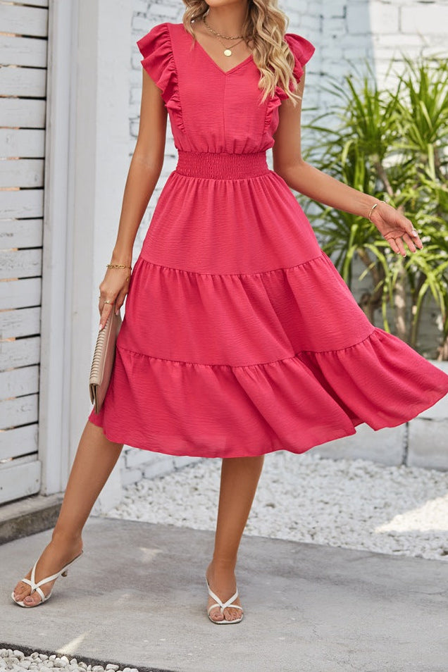 Sleeveless V-Neck Dress Summer Fashion Elastic Waist A-Line Dress