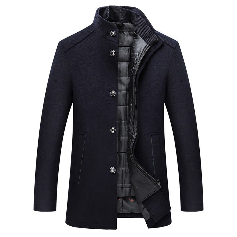 Casual Men's Wool Coat Men's Warm Stand Collar Wool Coat