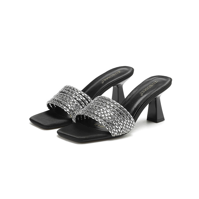Square Toe Wine Cup Heel Rhinestone Silippers