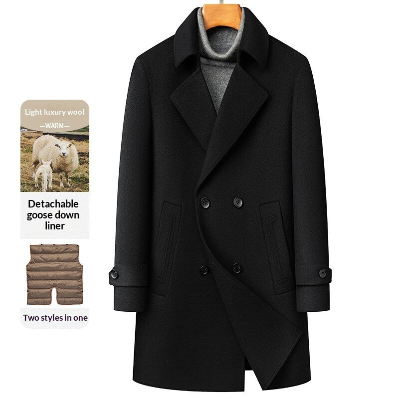 Arrival Long Double-Faced Wool Coat With Detachable Goose Down Lining And Double-Breasted Design