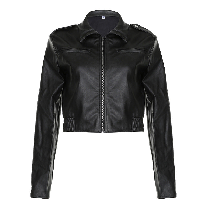 Women's  Lapel Long-sleeved Leather Jacket